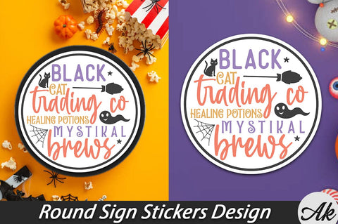 Black cat trading co healing potions mystical brews Round Sign Stickers Design SVG akazaddesign 
