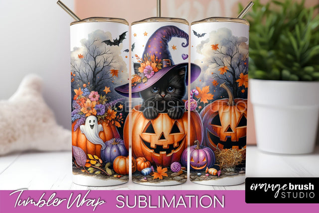 Black Cat Tumbler Wrap - Cute Halloween Tumbler Sublimation Sublimation OrangeBrushStudio 