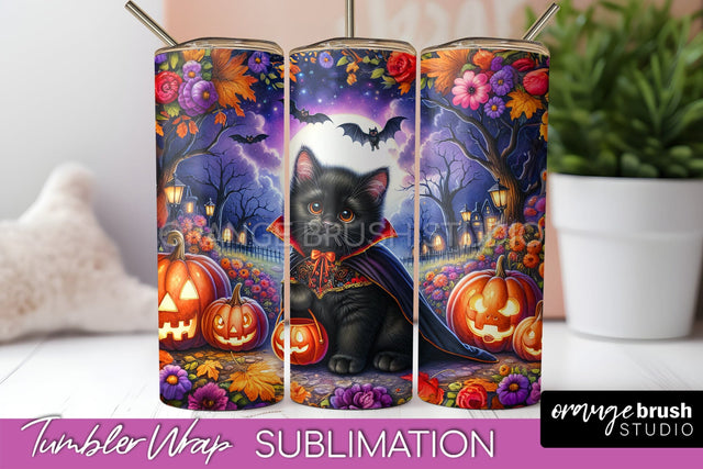Black Cat Tumbler Wrap - Cute Halloween Tumbler Sublimation Sublimation OrangeBrushStudio 