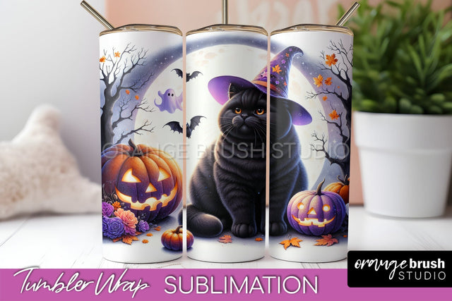Black Cat Tumbler Wrap - Cute Halloween Tumbler Sublimation Sublimation OrangeBrushStudio 