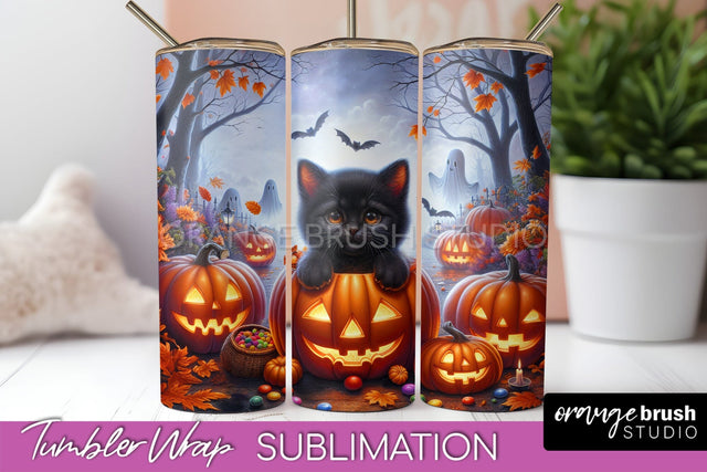 Black Cat Tumbler Wrap - Cute Halloween Tumbler Sublimation Sublimation OrangeBrushStudio 