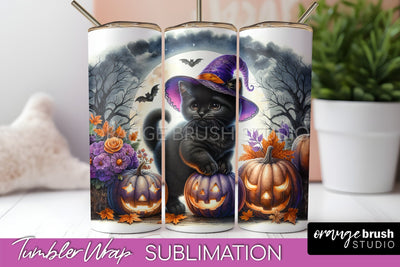 Black Cat Tumbler Wrap - Cute Halloween Tumbler Sublimation Sublimation OrangeBrushStudio 