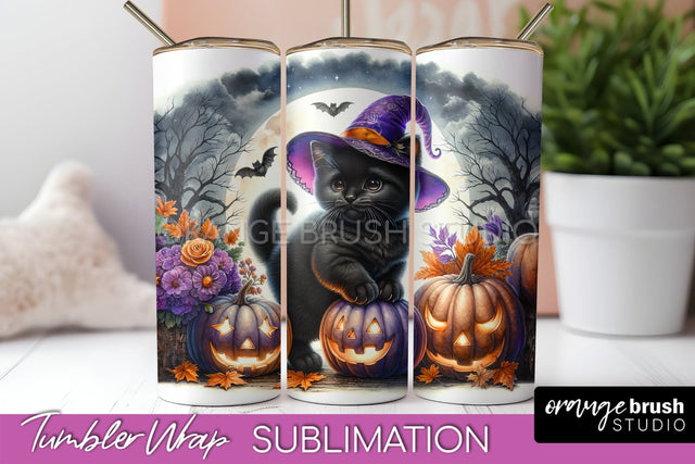 Black Cat Tumbler Wrap - Cute Halloween Tumbler Sublimation Sublimation OrangeBrushStudio 