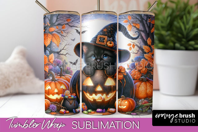 Black Cat Tumbler Wrap - Cute Halloween Tumbler Sublimation Sublimation OrangeBrushStudio 