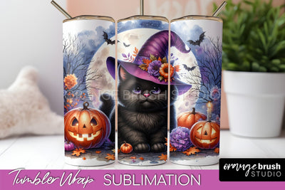 Black Cat Tumbler Wrap - Cute Halloween Tumbler Sublimation Sublimation OrangeBrushStudio 