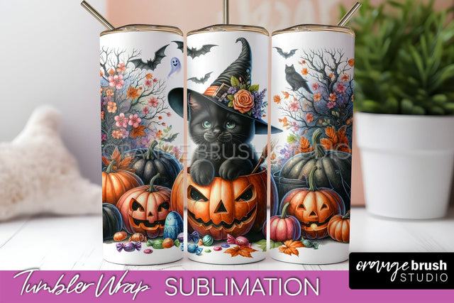 Black Cat Tumbler Wrap - Cute Halloween Tumbler Sublimation Sublimation OrangeBrushStudio 