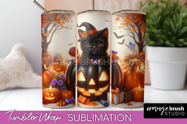Black Cat Tumbler Wrap - Cute Halloween Tumbler Sublimation Sublimation OrangeBrushStudio 