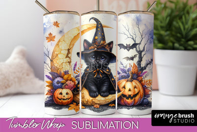Black Cat Tumbler Wrap - Cute Halloween Tumbler Sublimation Sublimation OrangeBrushStudio 