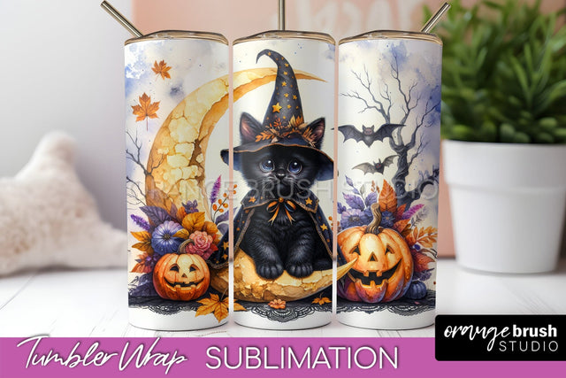 Black Cat Tumbler Wrap - Cute Halloween Tumbler Sublimation Sublimation OrangeBrushStudio 