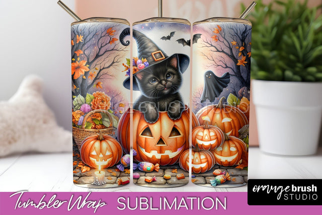 Black Cat Tumbler Wrap - Cute Halloween Tumbler Sublimation Sublimation OrangeBrushStudio 