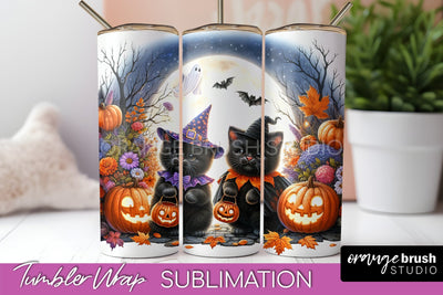 Black Cat Tumbler Wrap - Cute Halloween Tumbler Sublimation Sublimation OrangeBrushStudio 