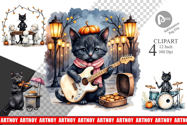 Black Cat Tunes Clipart Sublimation artnoy 