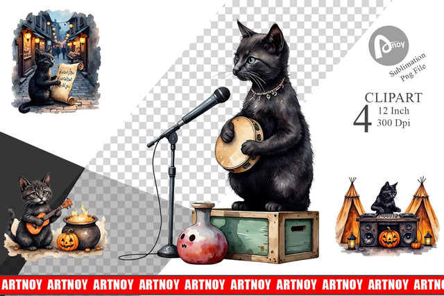 Black Cat Tunes Clipart Sublimation artnoy 