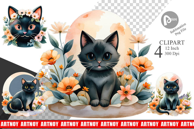 Black Cat Watercolor Floral Clipart Sublimation artnoy 