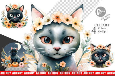 Black Cat Watercolor Floral Clipart Sublimation artnoy 