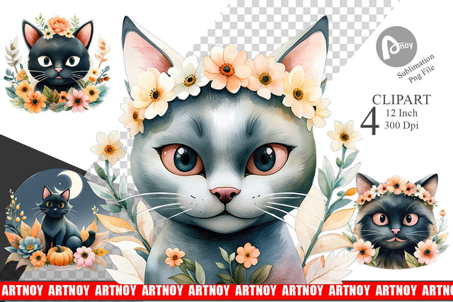 Black Cat Watercolor Floral Clipart Sublimation artnoy 