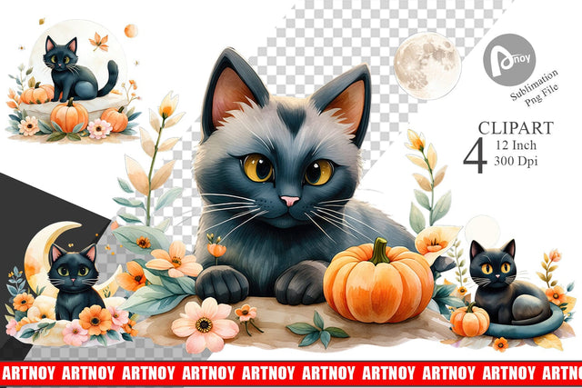 Black Cat Watercolor Floral Clipart Sublimation artnoy 