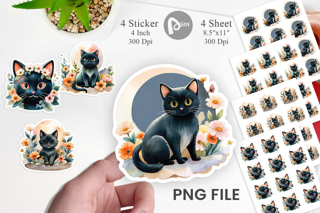 Black Cat Watercolor Floral Sticker Sublimation artnoy 
