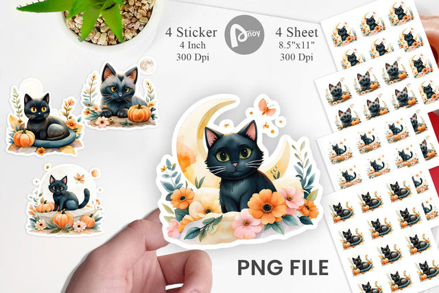 Black Cat Watercolor Floral Sticker Sublimation artnoy 