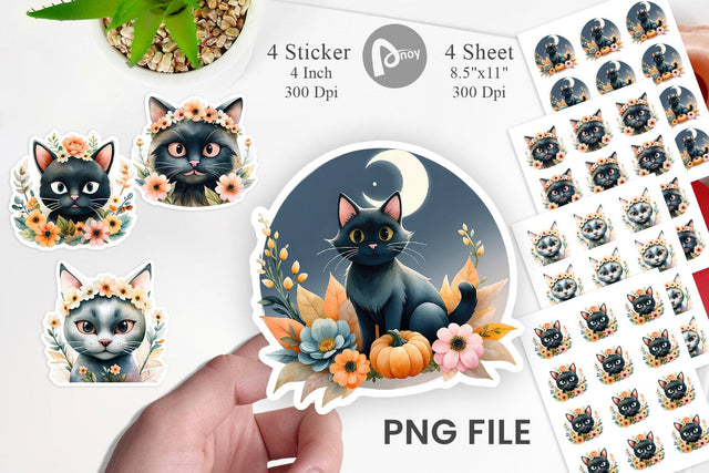 Black Cat Watercolor Floral Sticker Sublimation artnoy 