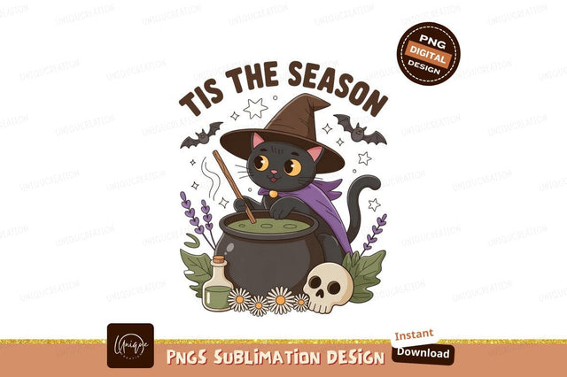 Black cat witch brewing potion halloween cauldron Sublimation Designangry 