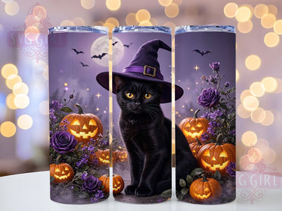 Black Cat Witch Hat Halloween 20oz Tumbler, Black Cat Motif, Witch Hat Design, Halloween Theme, Spooky Accent, Magical Charm, Sublimation Wrap, 20oz Tumbler Sublimation SvggirlplusArt 
