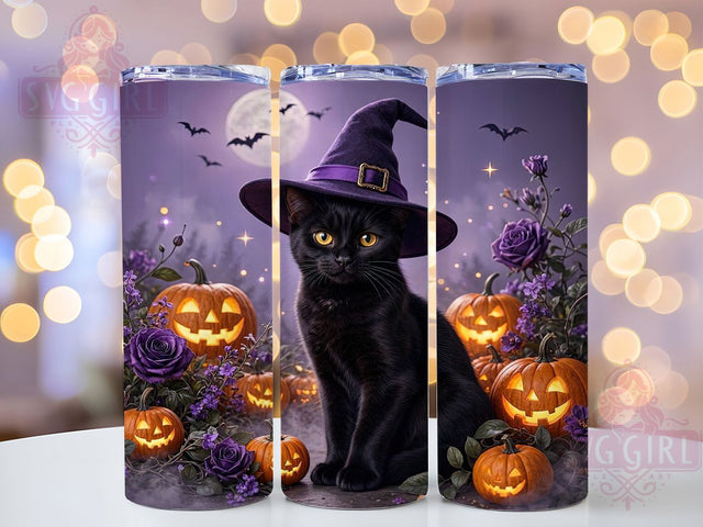 Black Cat Witch Hat Halloween 20oz Tumbler, Black Cat Motif, Witch Hat Design, Halloween Theme, Spooky Accent, Magical Charm, Sublimation Wrap, 20oz Tumbler Sublimation SvggirlplusArt 