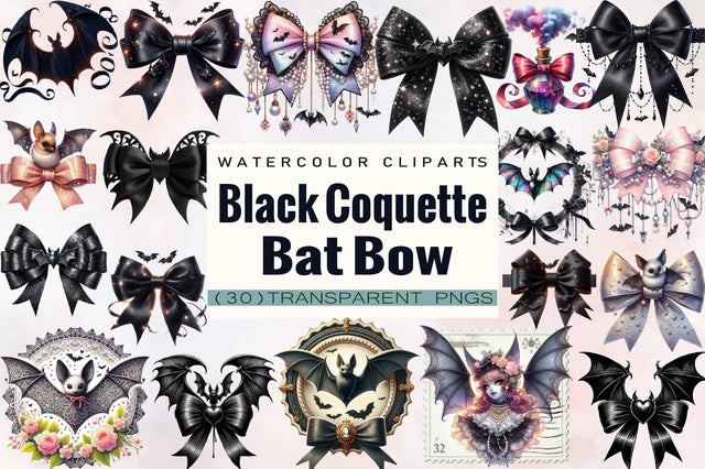 Black Coquette Bat Bow Clipart Bundle. Sublimation SVGArt 