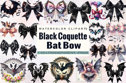 Black Coquette Bat Bow Clipart Bundle. Sublimation SVGArt 