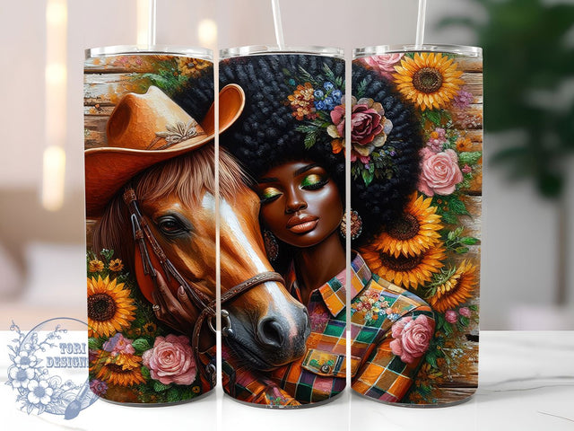 Black Cowgirl Floral Tumbler Wrap, Horse Lover Tumbler, Floral Western Wrap, 20oz Sublimation Design, Equestrian Tumbler Wrap, Black Girl Magic Tumbler, Country Girl Tumbler Sublimation ToriDesigns 