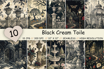 Black Cream Toile Digital Paper Pack, Seamless Dark Pattern Bundle, Printable Scrapbook Paper, Gothic Elegant Design Dramatic Bundle Digital Pattern FloridPrintables 