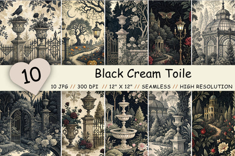 Black Cream Toile Digital Paper Pack, Seamless Dark Pattern Bundle, Printable Scrapbook Paper, Gothic Elegant Design Dramatic Bundle Digital Pattern FloridPrintables 