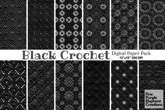Black Crochet | Granny Squares Afghan Stitched Fabric Texture Digital Pattern Fine Purple Elephant Creations 