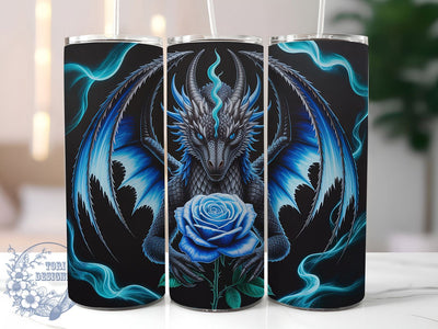 Black Dragon Blue Rose Tumbler, Blue Roses, Fantasy Theme, Mystical Art, Bold Design, Whimsical Style, 20Oz Tumbler Sublimation ToriDesigns 