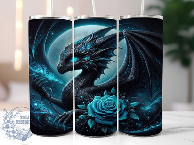 Black Dragon Blue Rose Tumbler, Blue Roses, Fantasy Theme, Mystical Art, Bold Design, Whimsical Style, 20Oz Tumbler Sublimation ToriDesigns 