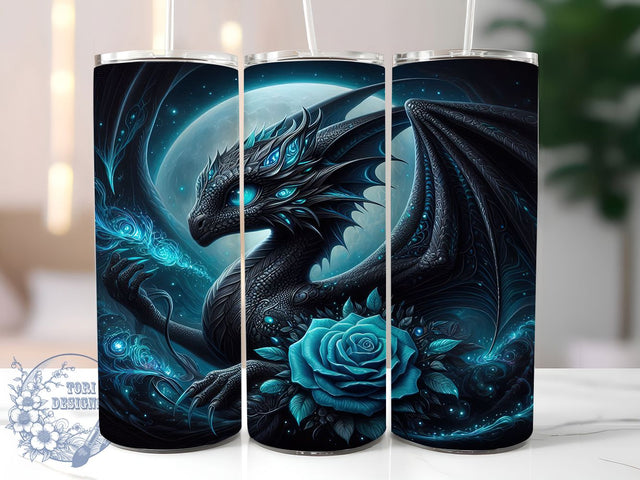 Black Dragon Blue Rose Tumbler, Blue Roses, Fantasy Theme, Mystical Art, Bold Design, Whimsical Style, 20Oz Tumbler Sublimation ToriDesigns 