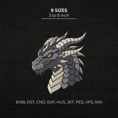 Black Dragon Head Embroidery Design – Fantasy Horned Dragon Machine Embroidery File Embroidery/Applique DESIGNS PatternFeed8 