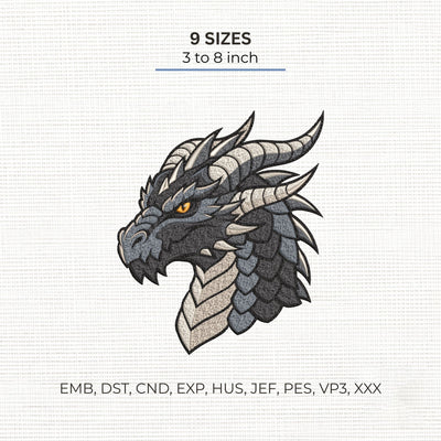Black Dragon Head Embroidery Design – Fantasy Horned Dragon Machine Embroidery File Embroidery/Applique DESIGNS PatternFeed8 
