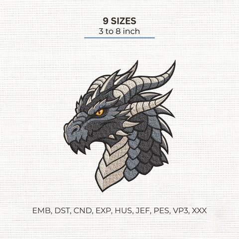 Black Dragon Head Embroidery Design – Fantasy Horned Dragon Machine Embroidery File Embroidery/Applique DESIGNS PatternFeed8 