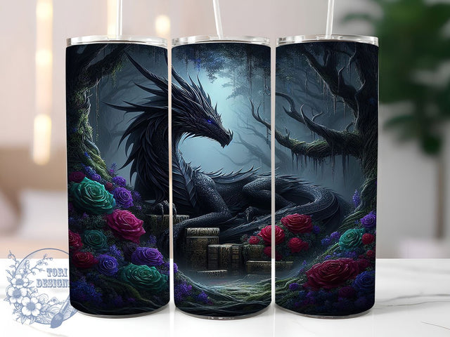 Black Fantasy Dragon Tumbler Wrap, Fantasy Book Sublimation, Mythical Creature Drinkware, 20oz Skinny Tumbler Wrap, Dark Fantasy Dragon Design, Enchanted Dragon Wrap, Magical Creature Sublimation Sublimation ToriDesigns 