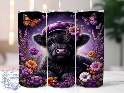Black Floral Highland Cows 20oz Skinny Tumbler PNG, Highland Cow Tumbler Sublimation Wrap, Straight & Tapered Tumbler Wrap, Instant Digital Download Sublimation ToriDesigns 