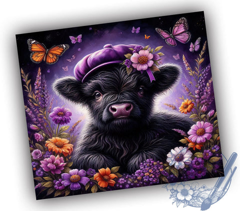 Black Floral Highland Cows 20oz Skinny Tumbler PNG, Highland Cow Tumbler Sublimation Wrap, Straight & Tapered Tumbler Wrap, Instant Digital Download Sublimation ToriDesigns 