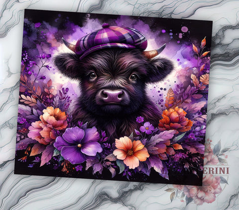 Black Floral Highland Cows 20oz Tumbler Wrap PNG, Highland Cow Tumbler PNG Sublimation Design, Straight & Tapered Tumbler Wrap, Instant Digital Download Sublimation Li Zamperini 