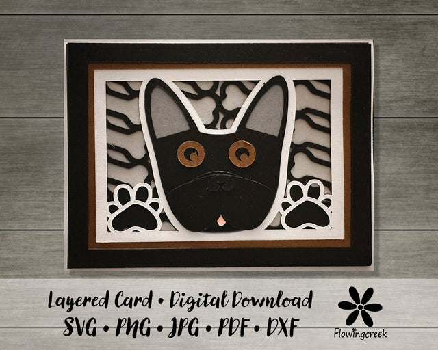 Black French Bulldog 3D Layered Greeting Card SVG Cut File for All Occasions, Birthday, Thank You, Note Card 3D Paper Flowingcreek 