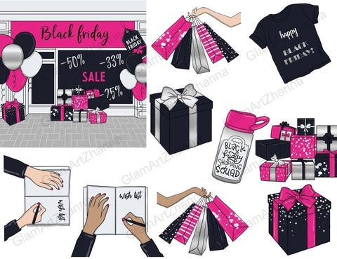 Black Friday CLIPART Shopping Planner Girl Stickers - PNG SVG GlamArtZhanna 