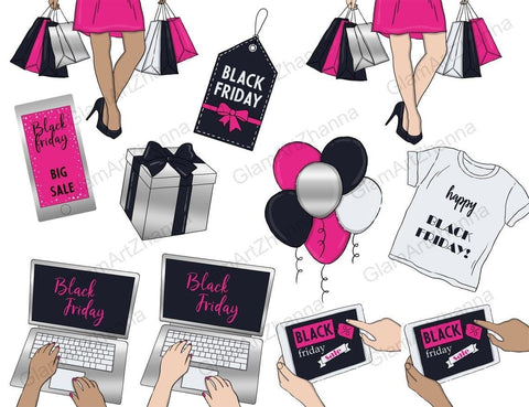 Black Friday CLIPART Shopping Planner Girl Stickers - PNG SVG GlamArtZhanna 