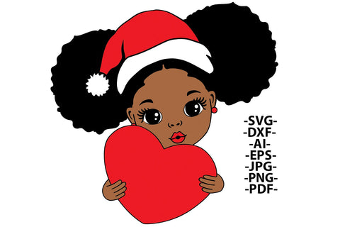 Black Girl Christmas Heart SVG Afro Santa Hat Cute Baby Girl Holding Heart Clipart for Sublimation Cricut Valentines Holiday Design SVG 1uniqueminute 