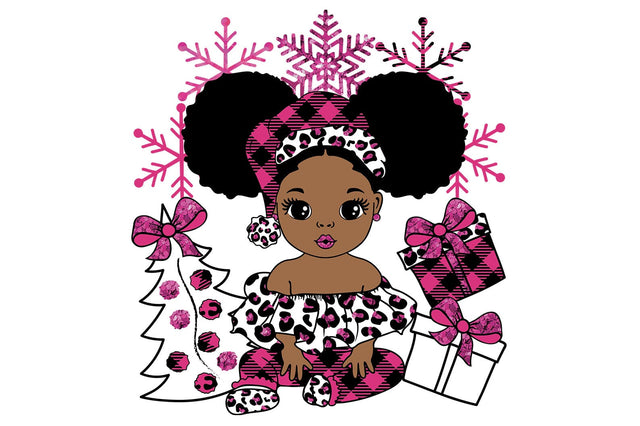 Black Girl Christmas PNG Leopard Plaid Afro Pajamas Baby Girl Clipart Pink Holiday Tree Gifts Sublimation Design for T Shirts SVG 1uniqueminute 