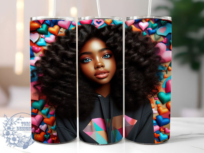 Black Girl Heart Tumbler, African American Wrap, Stylish Heart Cup, 20oz Sublimation Wrap, Artistic Black Girl Design Tumbler, Elegant Heart Theme Cup, Cultural Valentine Wrap Sublimation ToriDesigns 