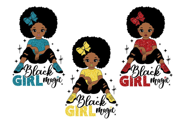 Black Girl Magic SVG Glitter Style Afro Girl Clipart in Red Yellow Blue Variants for Cricut Sublimation PNG PDF DXF AI EPS JPG Designs SVG 1uniqueminute 